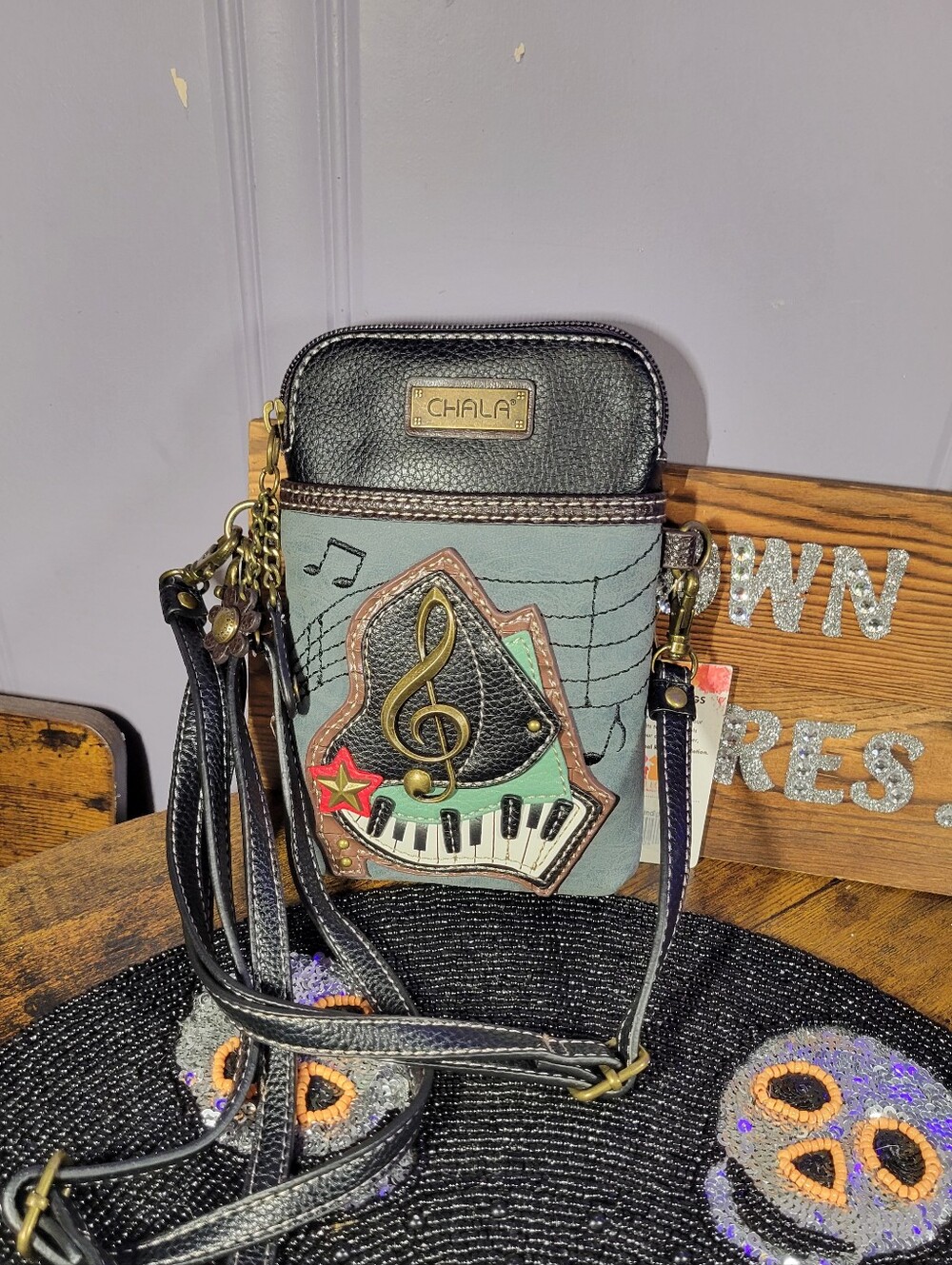 Chala Black & Teal Musical Piano Crossbody Phone Bag